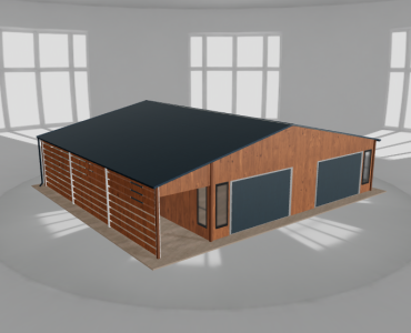 Skardinis garažas 9x9,5 m su stogine, Medžio imitacijos – Modelis 2