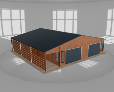Skardinis garažas 9x10 m su stogine, Medžio imitacijos – Modelis 2