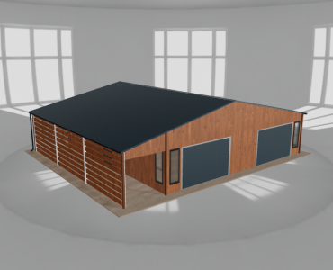 Skardinis garažas 9,5x9,5 m su stogine, Medžio imitacijos – Modelis 2
