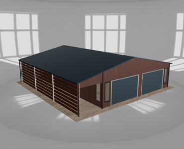 Skardinis garažas 8x10 m su stogine, Medžio imitacijos – Modelis 2