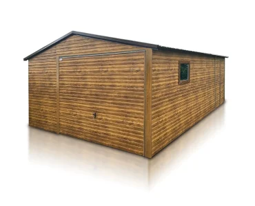 Skardinis garažas 4,5x6 m – stogas dvišlaitis, vartai pakeliami, Medžio imitacijos