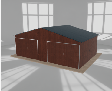 Skardinis garažas 7x5 m, dviejų vietų, dvišlaitis stogas, Medžio imitacijos – Modelis 2