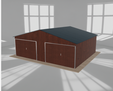 Skardinis garažas 7x6 m, dviejų vietų, dvišlaitis stogas, Medžio imitacijos – Modelis 2