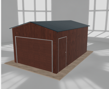 Skardinis garažas 3,5x5,5 m, vienos vietos, dvišlaitis stogas, Medžio imitacijos – Modelis 2