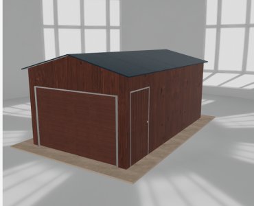Skardinis garažas 3,5x6 m, vienos vietos, dvišlaitis stogas, Medžio imitacijos – Modelis 2