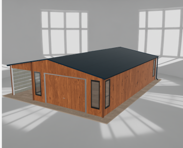 Skardinis garažas 5x9,5 m su ūkine patalpa ir stogine, Medžio imitacijos – Modelis 2