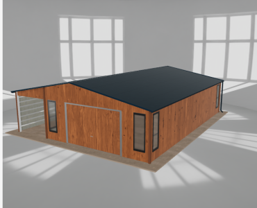 Skardinis garažas 5,5x9,5 m su ūkine patalpa ir stogine, Medžio imitacijos – Modelis 2
