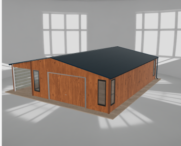 Skardinis garažas 6x9,5 m su ūkine patalpa ir stogine, Medžio imitacijos – Modelis 2