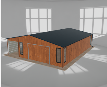 Skardinis garažas 6x10 m su ūkine patalpa ir stogine, Medžio imitacijos – Modelis 2