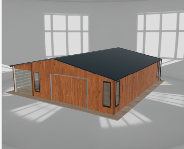 Skardinis garažas 6,5x9,5 m su ūkine patalpa ir stogine, Medžio imitacijos – Modelis 2