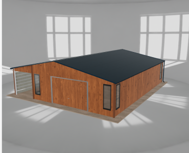 Skardinis garažas 6,5x10 m su ūkine patalpa ir stogine, Medžio imitacijos – Modelis 2