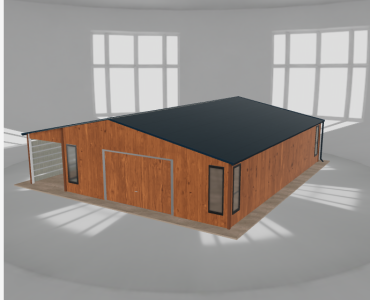 Skardinis garažas 7x10 m su ūkine patalpa ir stogine, Medžio imitacijos – Modelis 2