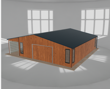 Skardinis garažas 7,5x9,5 m su ūkine patalpa ir stogine, Medžio imitacijos – Modelis 2