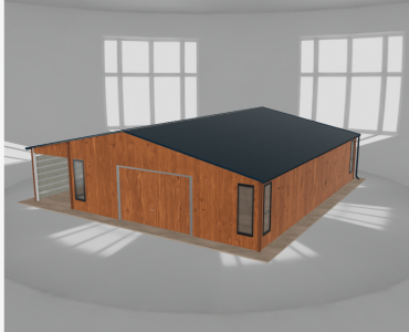 Skardinis garažas 7,5x10 m su ūkine patalpa ir stogine, Medžio imitacijos – Modelis 2