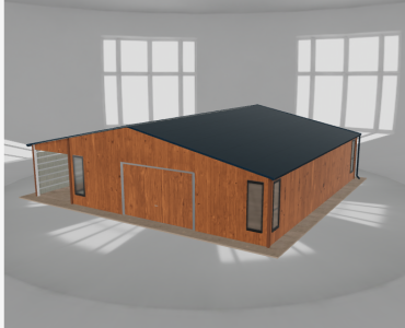 Skardinis garažas 8x9,5 m su ūkine patalpa ir stogine, Medžio imitacijos – Modelis 2