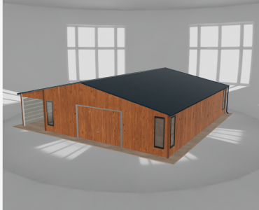 Skardinis garažas 8x10 m su ūkine patalpa ir stogine, Medžio imitacijos – Modelis 2