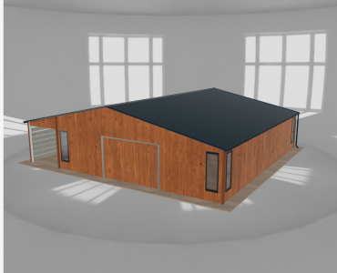 Skardinis garažas 8,5x10 m su ūkine patalpa ir stogine, Medžio imitacijos – Modelis 2