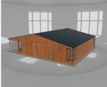 Skardinis garažas 9x10 m su ūkine patalpa ir stogine, Medžio imitacijos – Modelis 2