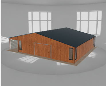 Skardinis garažas 9,5x9,5 m su ūkine patalpa ir stogine, Medžio imitacijos – Modelis 2