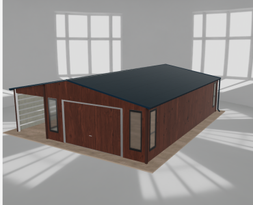 Skardinis garažas 5x9,5 m su ūkine patalpa ir stogine, Medžio imitacijos – Modelis 2