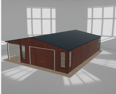 Skardinis garažas 5,5x9,5 m su ūkine patalpa ir stogine, Medžio imitacijos – Modelis 2