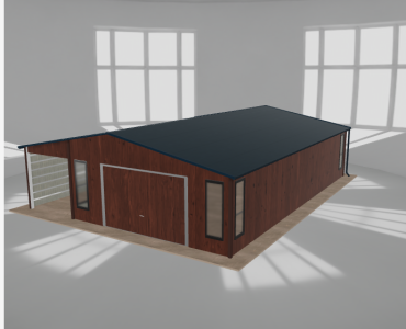 Skardinis garažas 5,5x10 m su ūkine patalpa ir stogine, Medžio imitacijos – Modelis 2