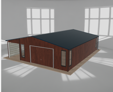 Skardinis garažas 6x9,5 m su ūkine patalpa ir stogine, Medžio imitacijos – Modelis 2