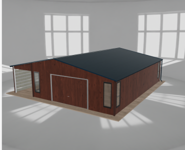 Skardinis garažas 6,5x9,5 m su ūkine patalpa ir stogine, Medžio imitacijos – Modelis 2