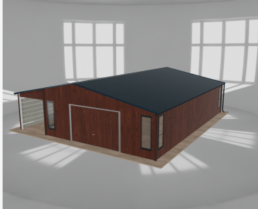 Skardinis garažas 6,5x10 m su ūkine patalpa ir stogine, Medžio imitacijos – Modelis 2
