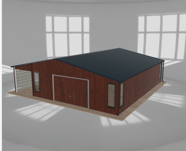 Skardinis garažas 7x9,5 m su ūkine patalpa ir stogine, Medžio imitacijos – Modelis 2