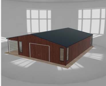 Skardinis garažas 7x10 m su ūkine patalpa ir stogine, Medžio imitacijos – Modelis 2