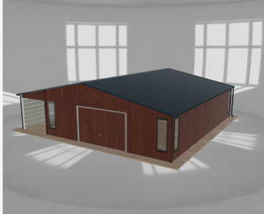 Skardinis garažas 7,5x9,5 m su ūkine patalpa ir stogine, Medžio imitacijos – Modelis 2
