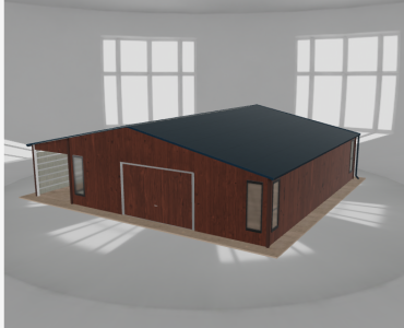 Skardinis garažas 8x9,5 m su ūkine patalpa ir stogine, Medžio imitacijos – Modelis 2