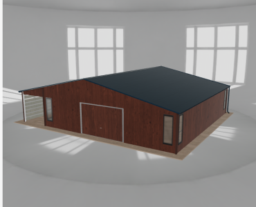 Skardinis garažas 9x9,5 m su ūkine patalpa ir stogine, Medžio imitacijos – Modelis 2