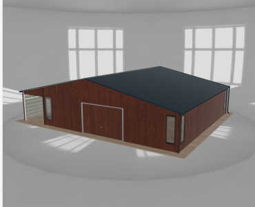 Skardinis garažas 9,5x9,5 m su ūkine patalpa ir stogine, Medžio imitacijos – Modelis 2