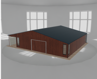 Skardinis garažas 10x10 m su ūkine patalpa ir stogine, Medžio imitacijos – Modelis 2
