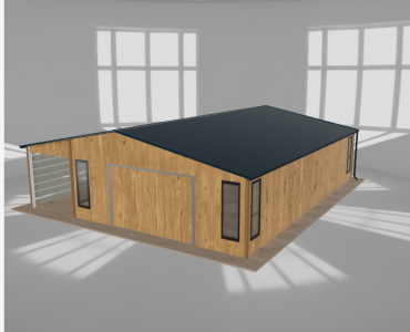 Skardinis garažas 6x9,5 m su ūkine patalpa ir stogine, Medžio imitacijos – Modelis 2