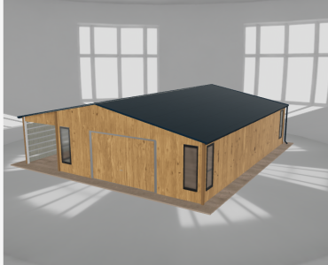 Skardinis garažas 6,5x9,5 m su ūkine patalpa ir stogine, Medžio imitacijos – Modelis 2