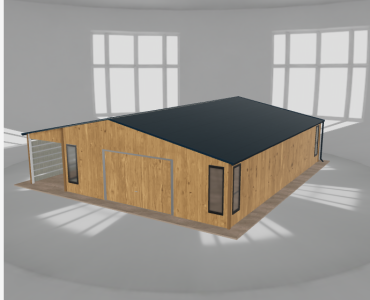 Skardinis garažas 7x10 m su ūkine patalpa ir stogine, Medžio imitacijos – Modelis 2