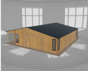 Skardinis garažas 7,5x9,5 m su ūkine patalpa ir stogine, Medžio imitacijos – Modelis 2