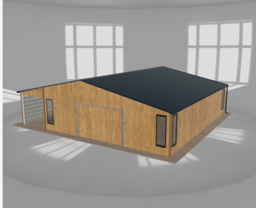 Skardinis garažas 8x9,5 m su ūkine patalpa ir stogine, Medžio imitacijos – Modelis 2