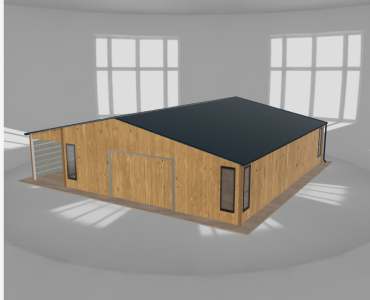 Skardinis garažas 8x10 m su ūkine patalpa ir stogine, Medžio imitacijos – Modelis 2