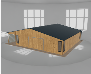 Skardinis garažas 9x9,5 m su ūkine patalpa ir stogine, Medžio imitacijos – Modelis 2