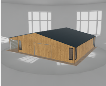Skardinis garažas 9,5x9,5 m su ūkine patalpa ir stogine, Medžio imitacijos – Modelis 2