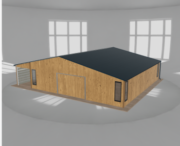 Skardinis garažas 9,5x10 m su ūkine patalpa ir stogine, Medžio imitacijos – Modelis 2