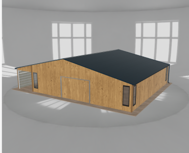 Skardinis garažas 10x10 m su ūkine patalpa ir stogine, Medžio imitacijos – Modelis 2