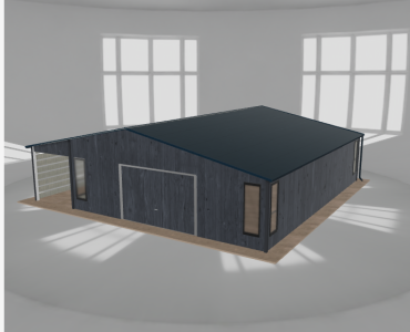 Skardinis garažas 7,5x9,5 m su ūkine patalpa ir stogine, Grafitas medžio imitacija – Modelis 2