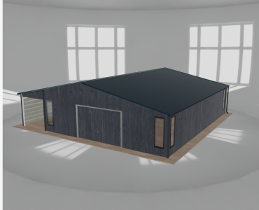 Skardinis garažas 8x10 m su ūkine patalpa ir stogine, Grafitas medžio imitacija – Modelis 2
