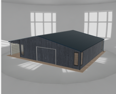 Skardinis garažas 9x9,5 m su ūkine patalpa ir stogine, Grafitas medžio imitacija – Modelis 2