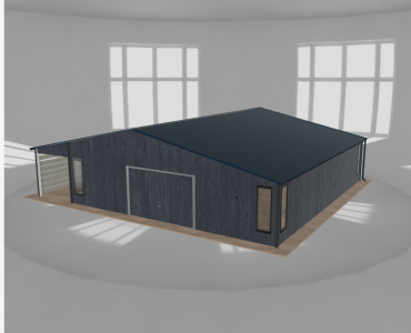 Skardinis garažas 9x10 m su ūkine patalpa ir stogine, Grafitas medžio imitacija – Modelis 2